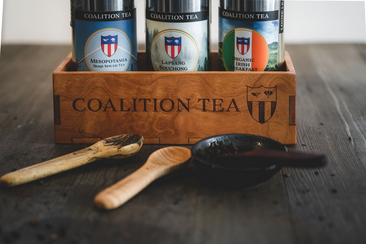 Coalition Tea Tins, Tea Gift Box and hand carved tea spoons